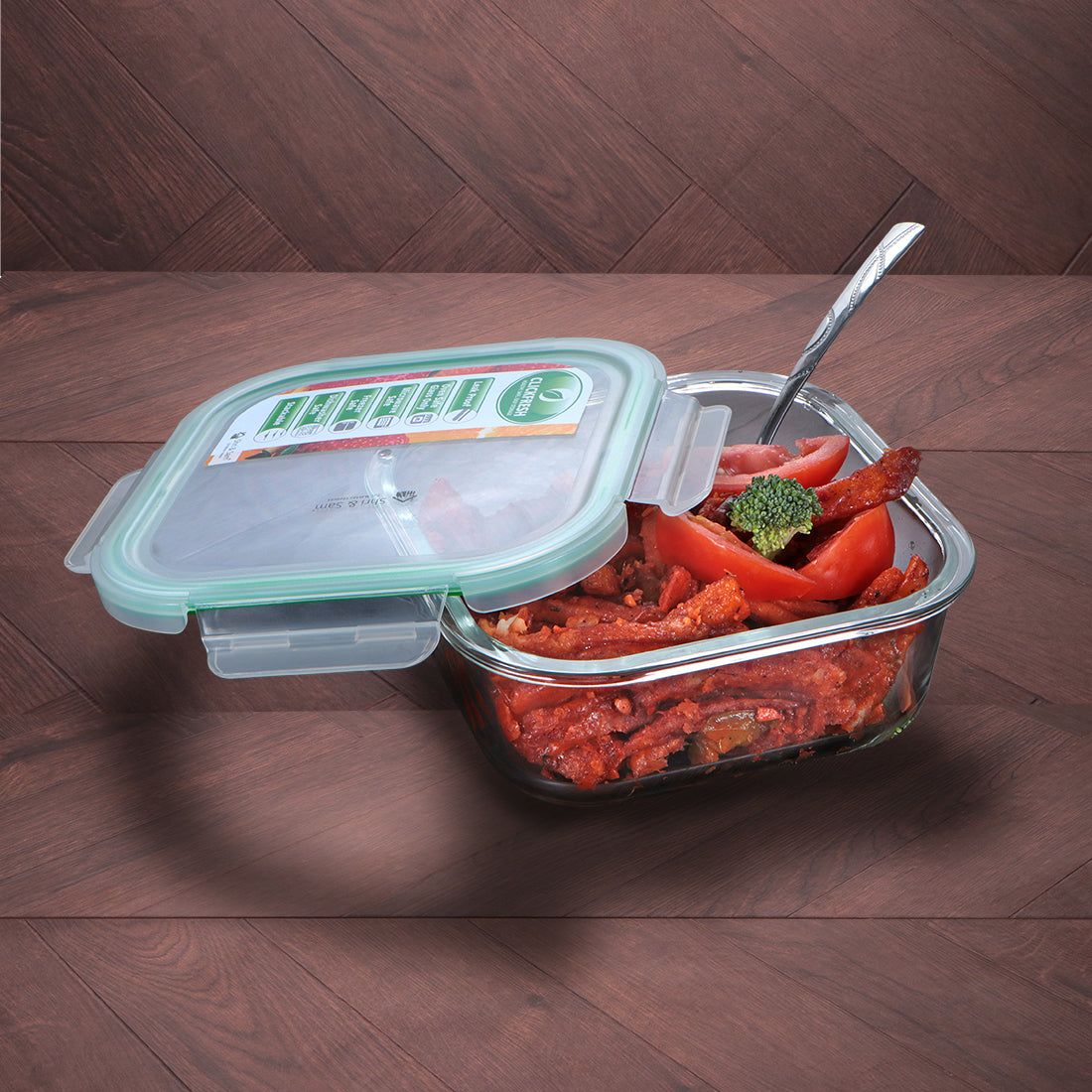 Glass 1100ml Food Storage & Bakeware Container with Airtight Lid Square Clickfresh