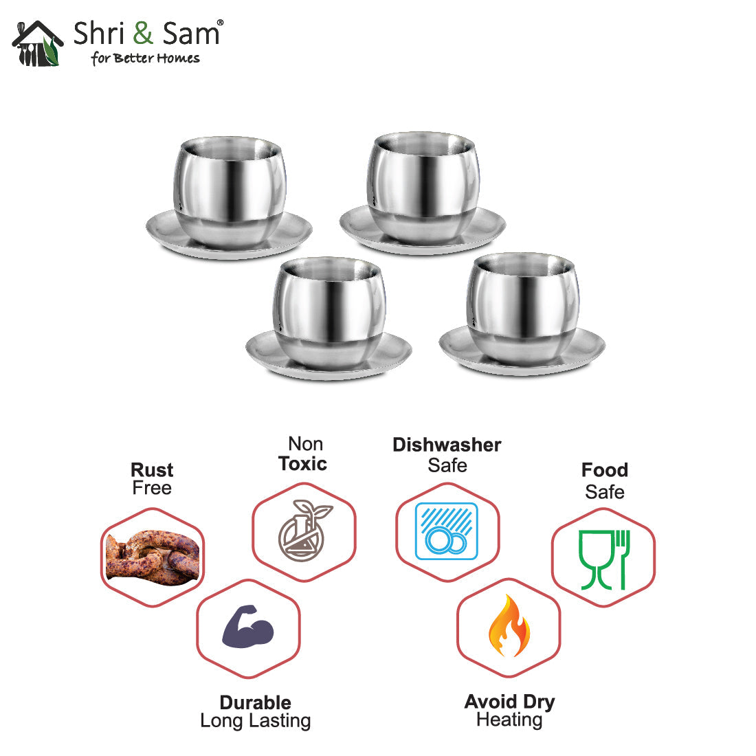 Stainless Steel 4 PCS Double Wall Cup and Saucer Nikki