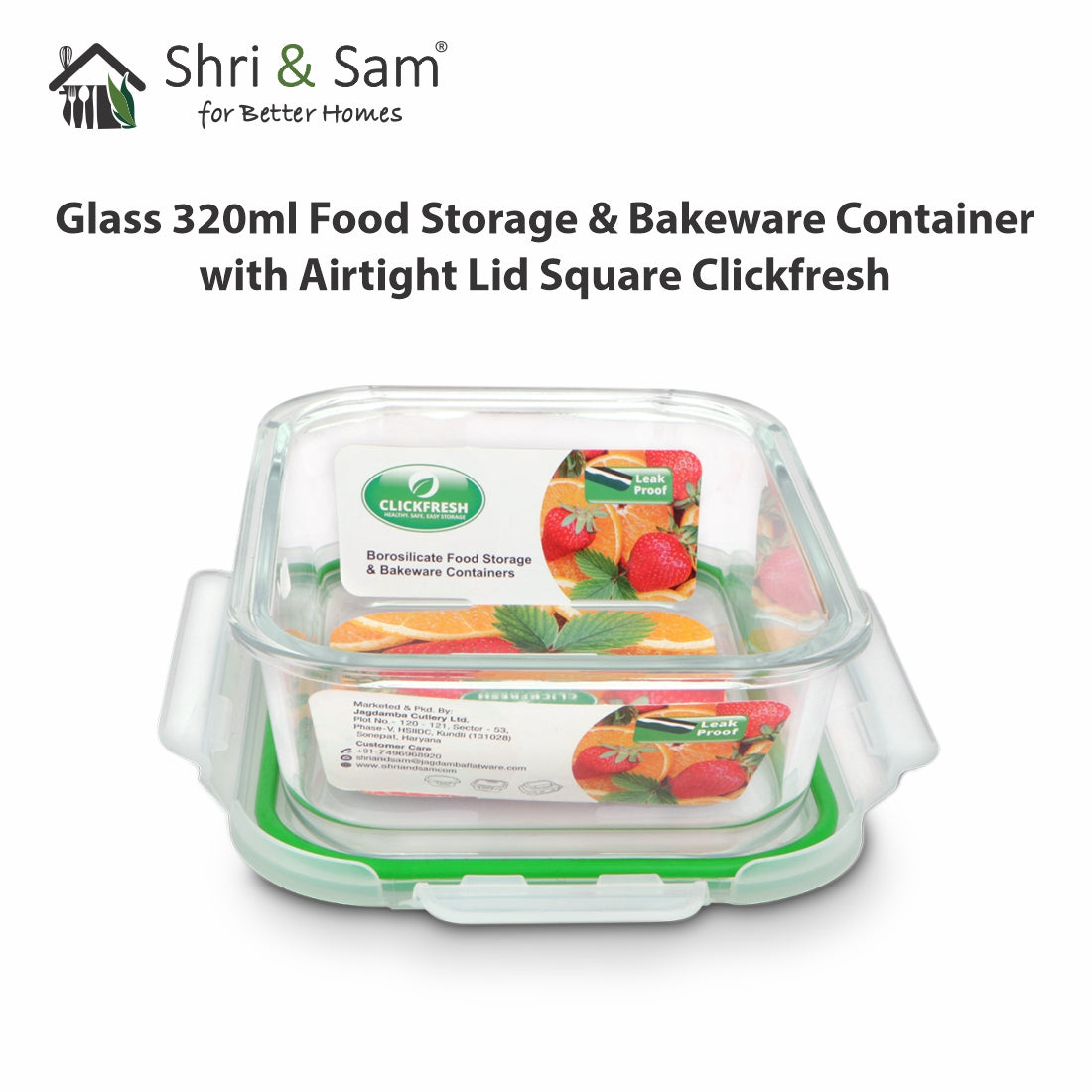 Glass 320ml Food Storage & Bakeware Container with Airtight Lid Square Clickfresh