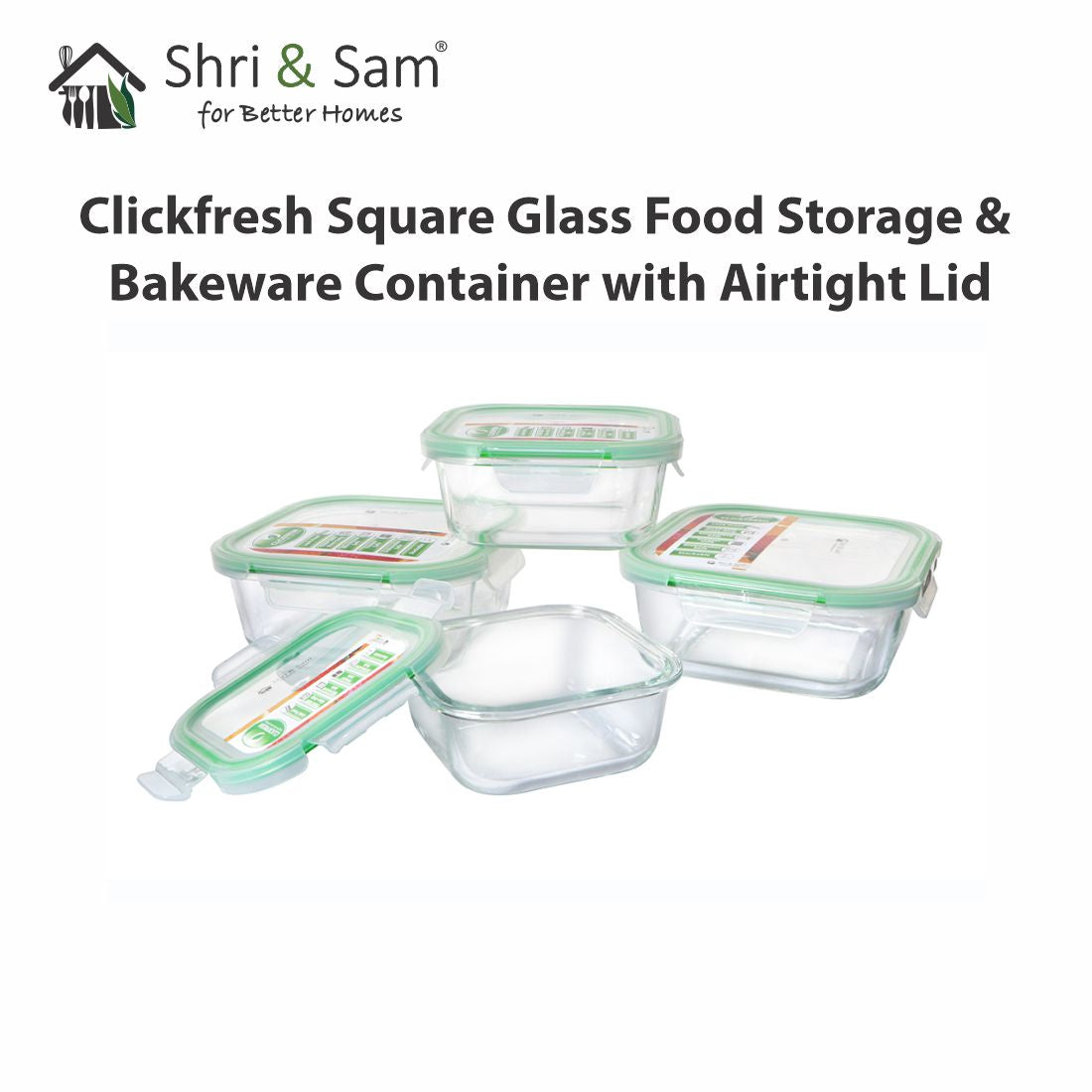 Glass 320ml, 520ml, 800ml & 1100ml Food Storage & Bakeware Container with Airtight Lid Square Clickfresh