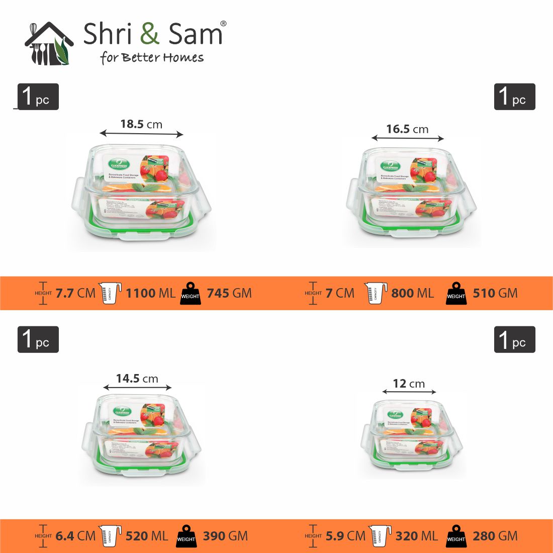 Glass 320ml, 520ml, 800ml & 1100ml Food Storage & Bakeware Container with Airtight Lid Square Clickfresh