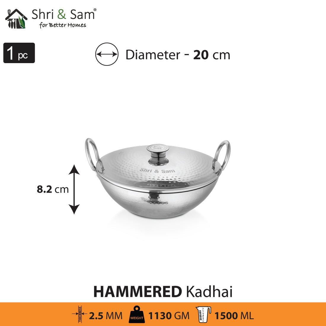 Stainless Steel Heavy Weight Hammered Kadhai with SS Lid