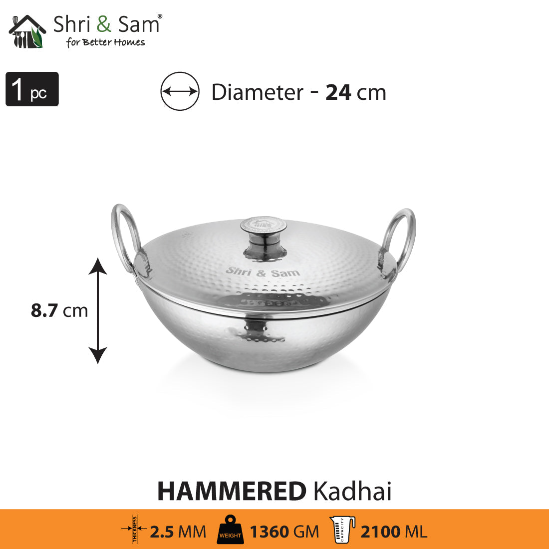 Stainless Steel Heavy Weight Hammered Kadhai with SS Lid