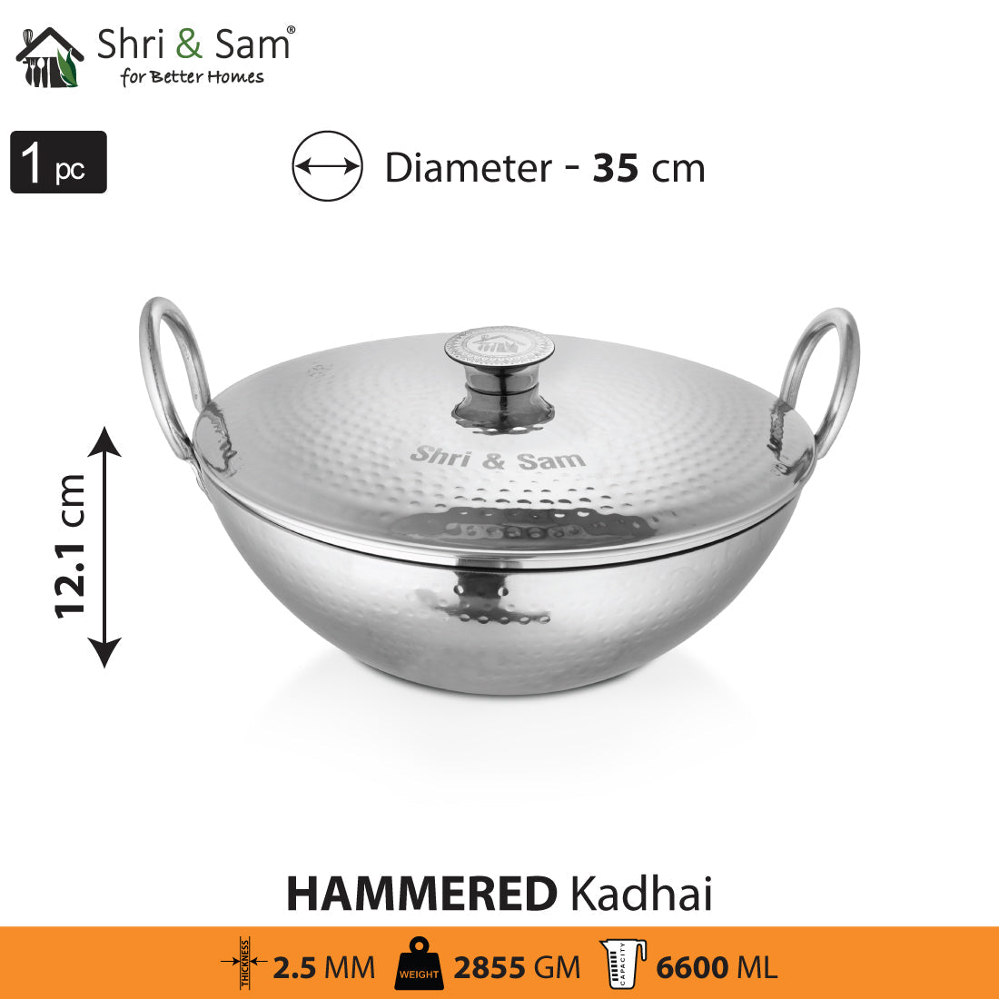 Stainless Steel Heavy Weight Hammered Kadhai with SS Lid